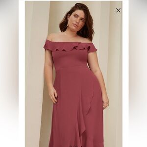 City Chic Off the Shoulder Ruffle High Low Dress in Dusty Rose Mauve Pink